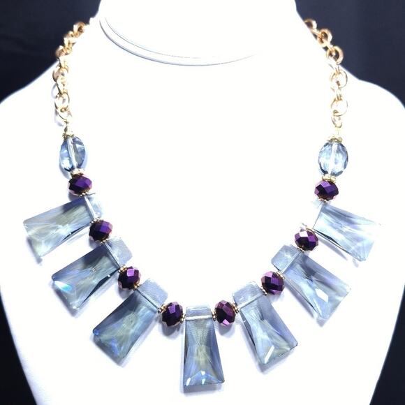 Blue Crystal Choker Necklace, Purple Beads, Gold Tone Chain, 21 Inches - Picture 1 of 8